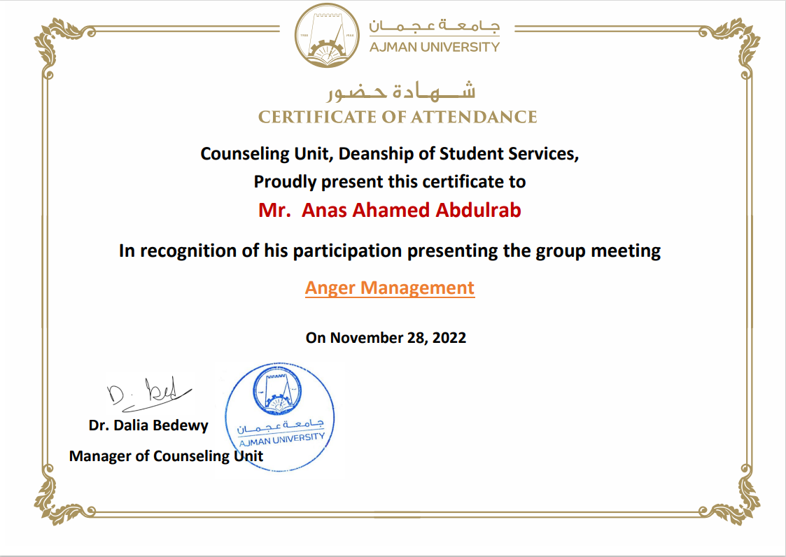 Certificate: Anger Management group meeting