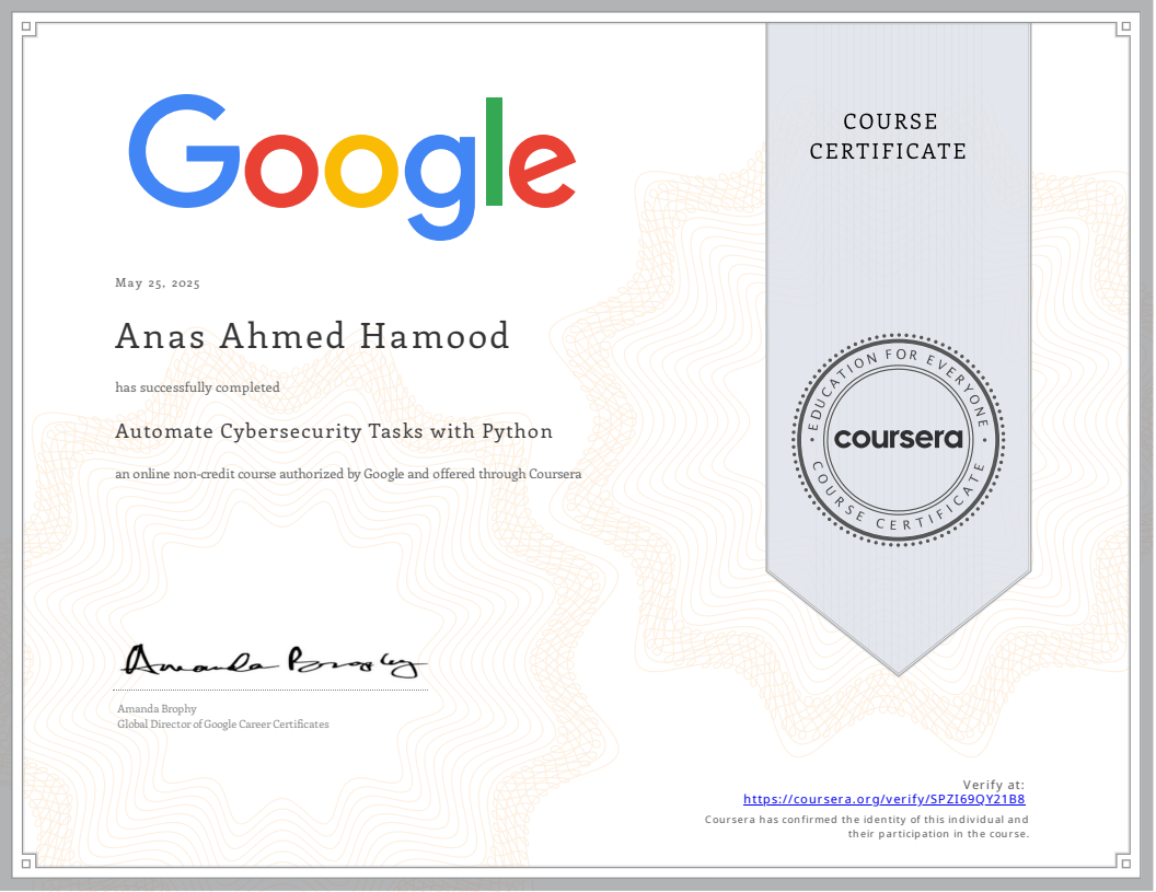 Certificate: Automate Cybersecurity Tasks with Python