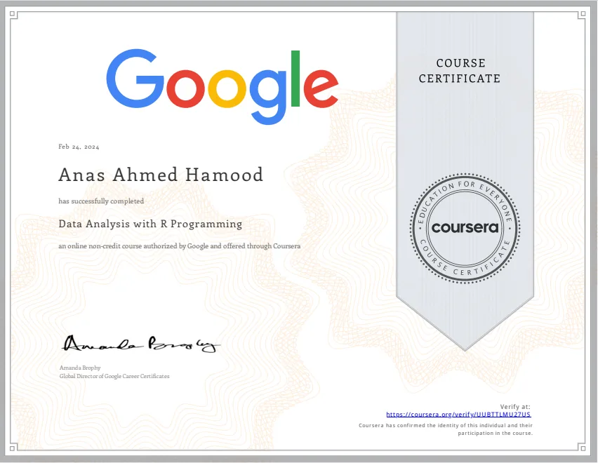 Certificate: Data Analysis with R Programming