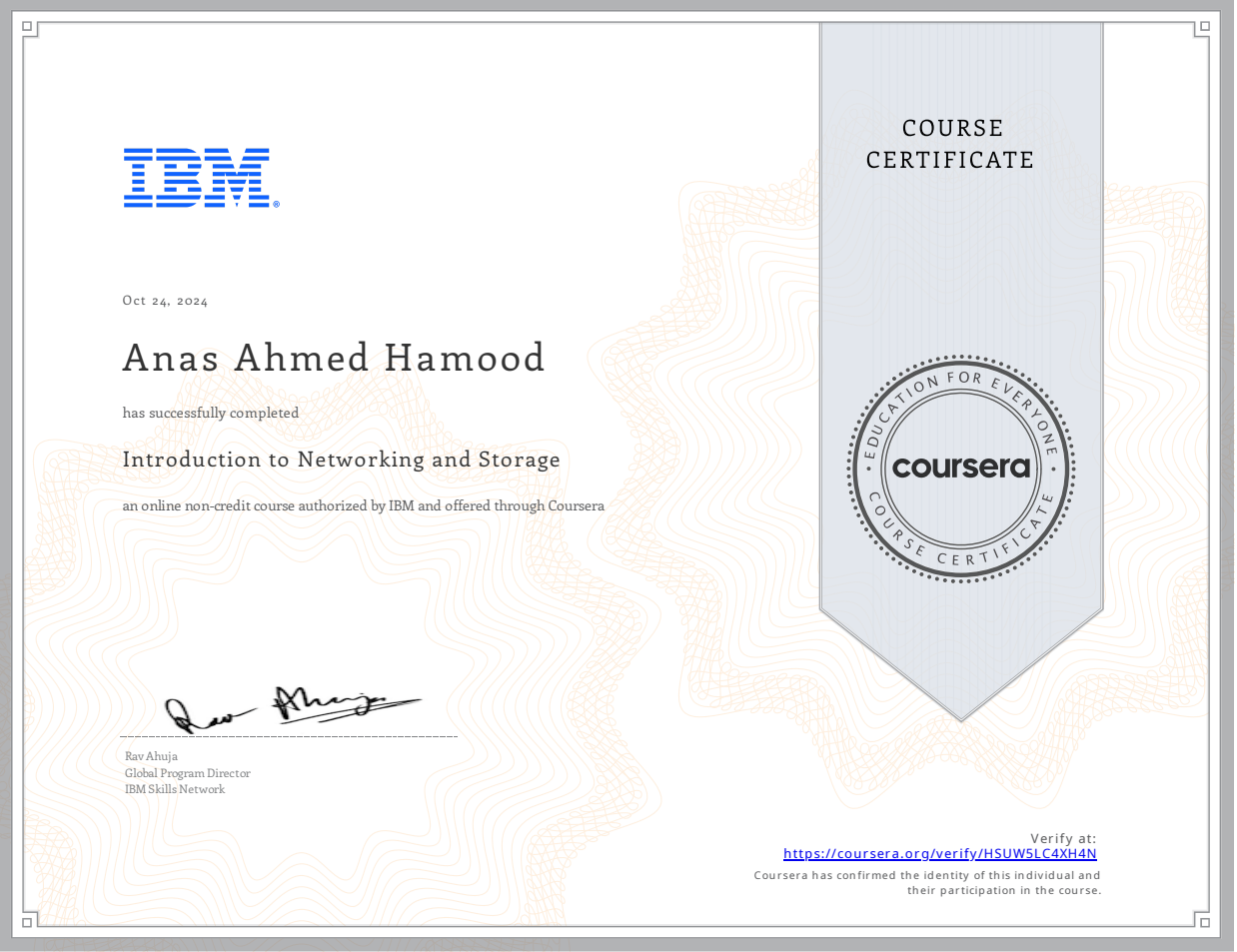 Certificate: Introduction to Networking and Storage