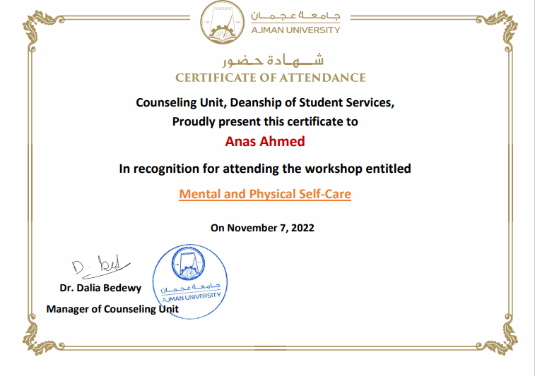 Certificate: Mental and Physical Self-Care workshop