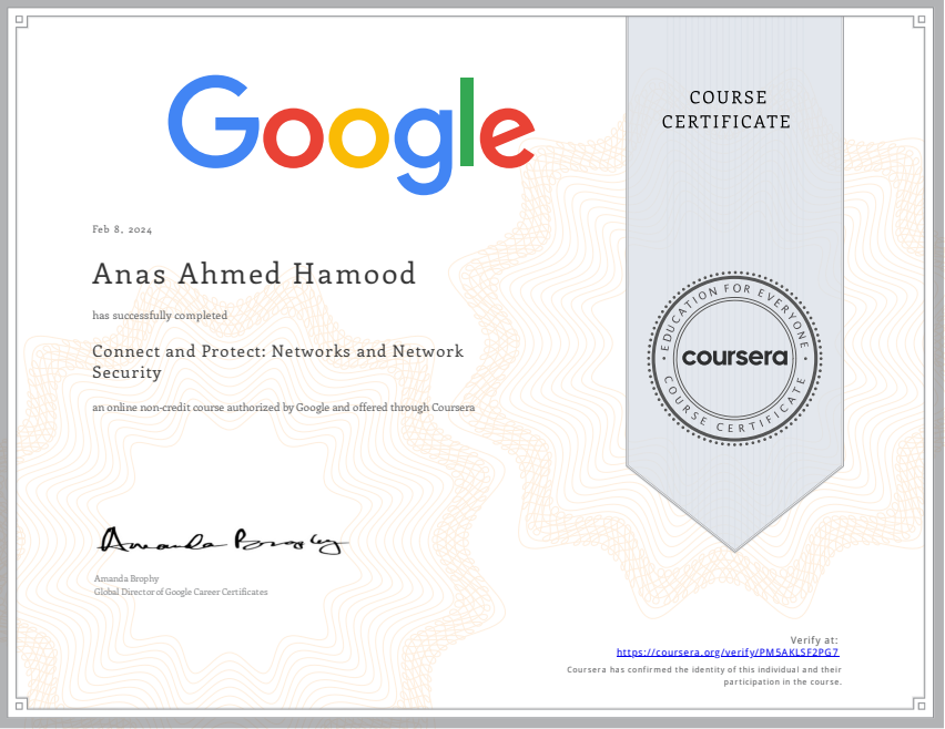 Certificate: Networks and Network Security