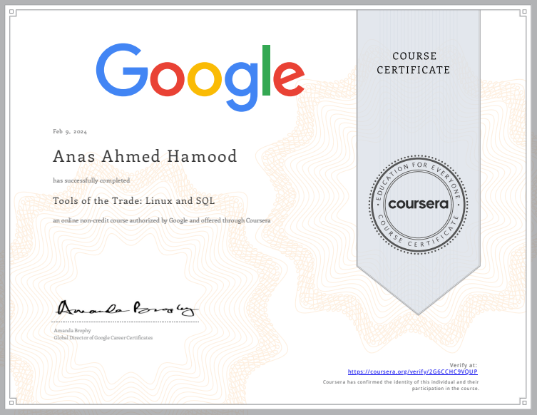 Certificate: Tools of the Trade Linux and SQL